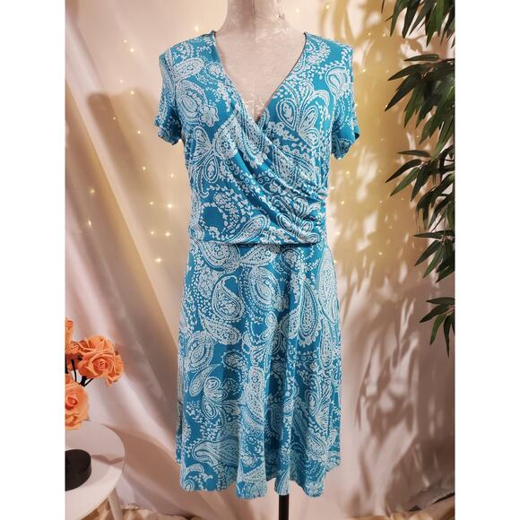 Lands End Paisley Draped Crossover V-Neck Short Sleeve Dress Size M Blue Stretch - Picture 1 of 10